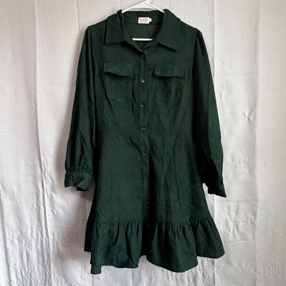 Shop The Mint Green Corduroy Dress Large Long Sleeve Ruffle Button Mini MJD269